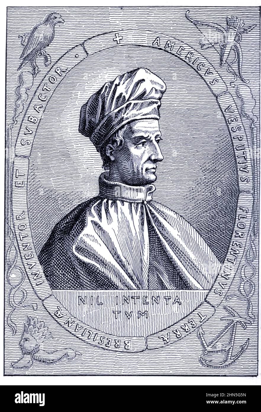 Americus Vespucius dall'esplorazione del mondo, Viaggi celebrati e viaggiatori, Viaggi celebrati da Jules Verne nonfiction. Pubblicato in tre volumi dal 1878 al 1880, i viaggi celebrati e viaggiatori è una storia degli esploratori e avventurieri che viaggiarono fino alle lontane aree del globo, scoprirono le meraviglie di terre esotiche e riempirono gli spazi vuoti sulla mappa del mondo. Con illustrazioni di L. Benet e P. Philippoteaux, Foto Stock