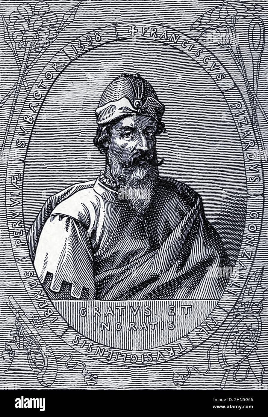 Ritratto di Francisco Pizarro González era un conquistador spagnolo, meglio conosciuto per le sue spedizioni che hanno portato alla conquista spagnola del Perù dall'esplorazione del mondo, viaggi celebrati e viaggiatori, viaggi celebrati da Jules Verne nonfiction. Pubblicato in tre volumi dal 1878 al 1880, i viaggi celebrati e viaggiatori è una storia degli esploratori e avventurieri che viaggiarono fino alle lontane aree del globo, scoprirono le meraviglie di terre esotiche e riempirono gli spazi vuoti sulla mappa del mondo. Con illustrazioni di L. Benet e P. Philippoteaux, Foto Stock