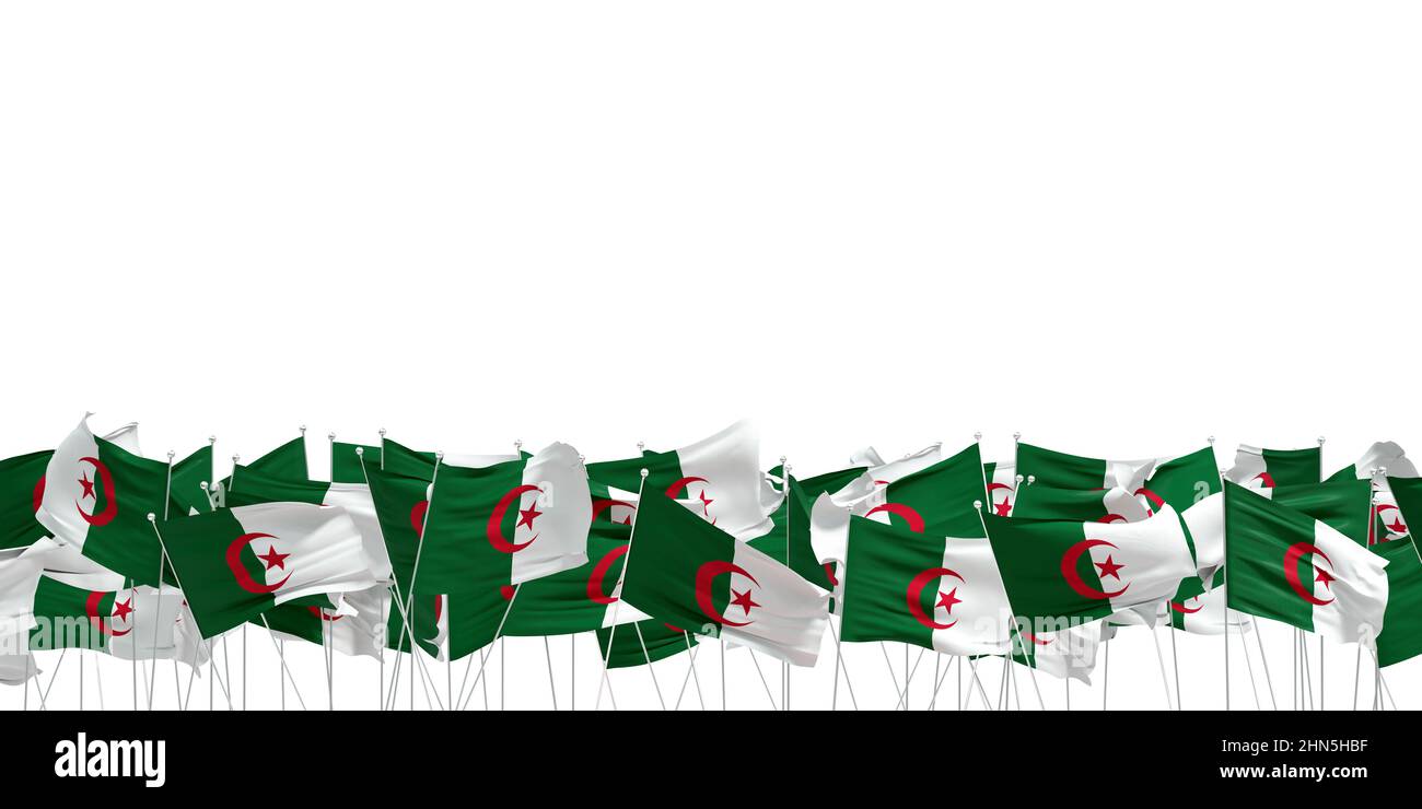 Molte bandiere algerine su sfondo bianco - 3D rendering Foto Stock
