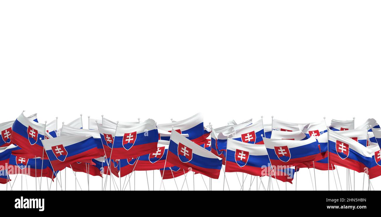 molte bandiere della slovacchia su sfondo bianco - 3d rendering Foto Stock