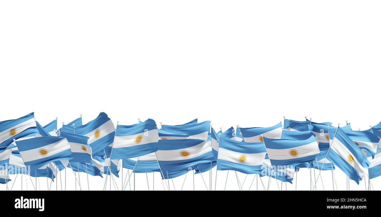 molte bandiere argentine su sfondo bianco - 3d rendering Foto Stock