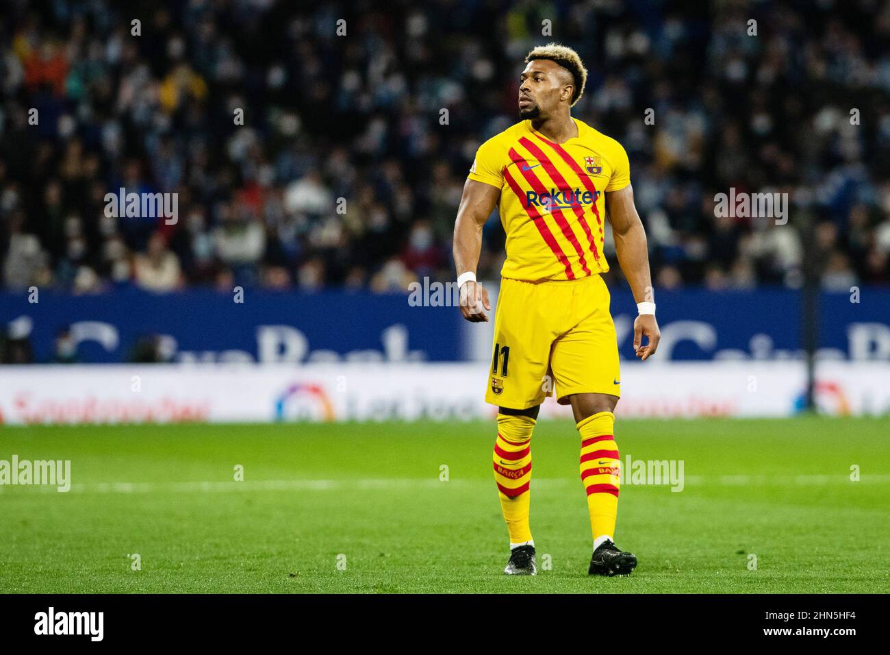 Adama Traore del FC Barcellona durante il campionato spagnolo la Liga partita di calcio tra RCD Espanyol e FC Barcellona il 13 febbraio 2022 allo stadio RCD di Barcellona, Spagna - Foto: Marc Graupera Aloma/DPPI/LiveMedia Foto Stock