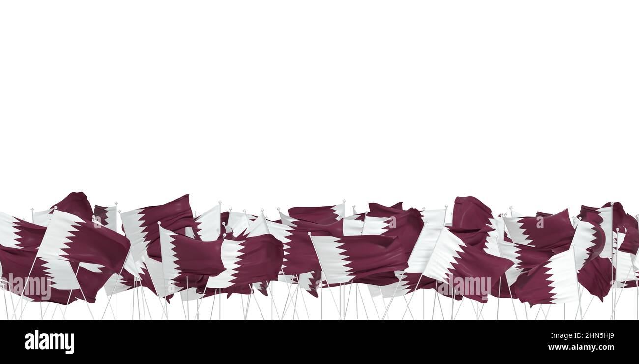 Molte bandiere Qatar su sfondo bianco - 3D rendering Foto Stock