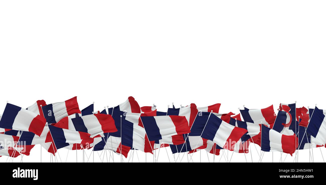 Molte bandiere francesi su sfondo bianco - 3D rendering Foto Stock