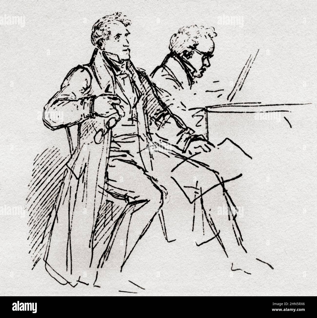 Johann Michael Vogl, a sinistra, 1768 – 1840. Cantante e compositore di baritoni austriaci. Franz Peter Schubert, destra, 1797 – 1828. Compositore austriaco. Vogl fu il primo interprete di spicco delle canzoni di Schubert. Dopo uno schizzo di Moritz von Schwind. Dall'età dell'oro di Vienna, pubblicato nel 1948. Foto Stock