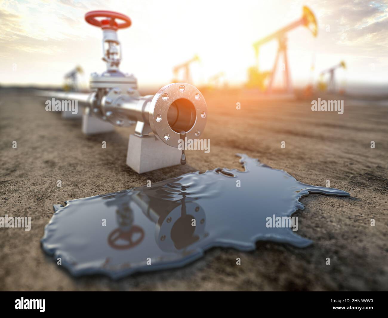 Concetto di industria petrolifera degli Stati Uniti. Tubazione dell'olio con olio versato sotto forma di United Staes. 3d illustrazione Foto Stock