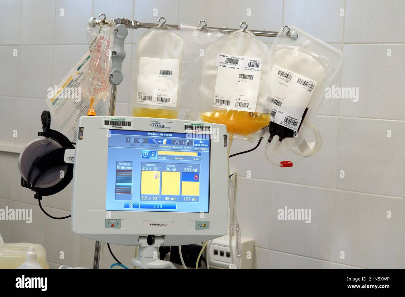 Italia, Arezzo, 19 novembre 2020 : donazione al plasma per un progetto di trasfusione al plasma da parte di persone curate. Sperimentazione del plasma del Foto Stock