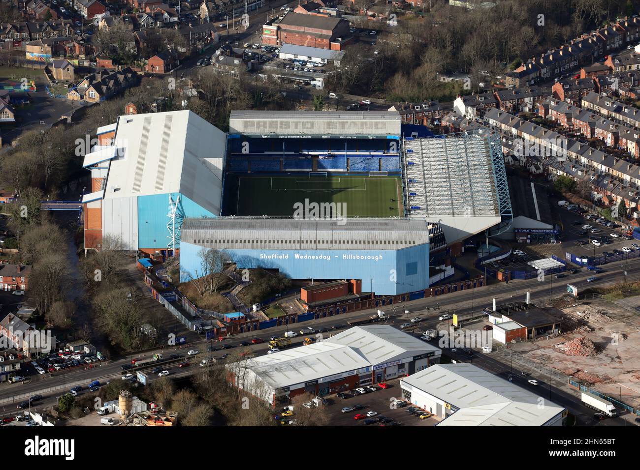 Vista aerea dello Sheffield Wednesday's Hillsborough Stadium, Sheffield, South Yorkshire Foto Stock