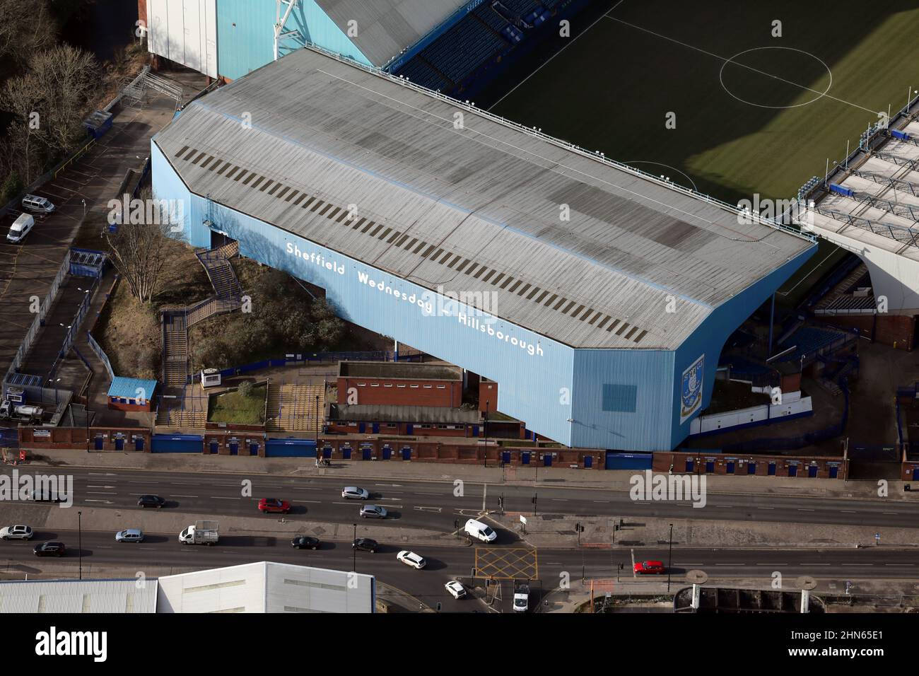 Vista aerea dello Sheffield Wednesday's Hillsborough Stadium, Sheffield, South Yorkshire Foto Stock