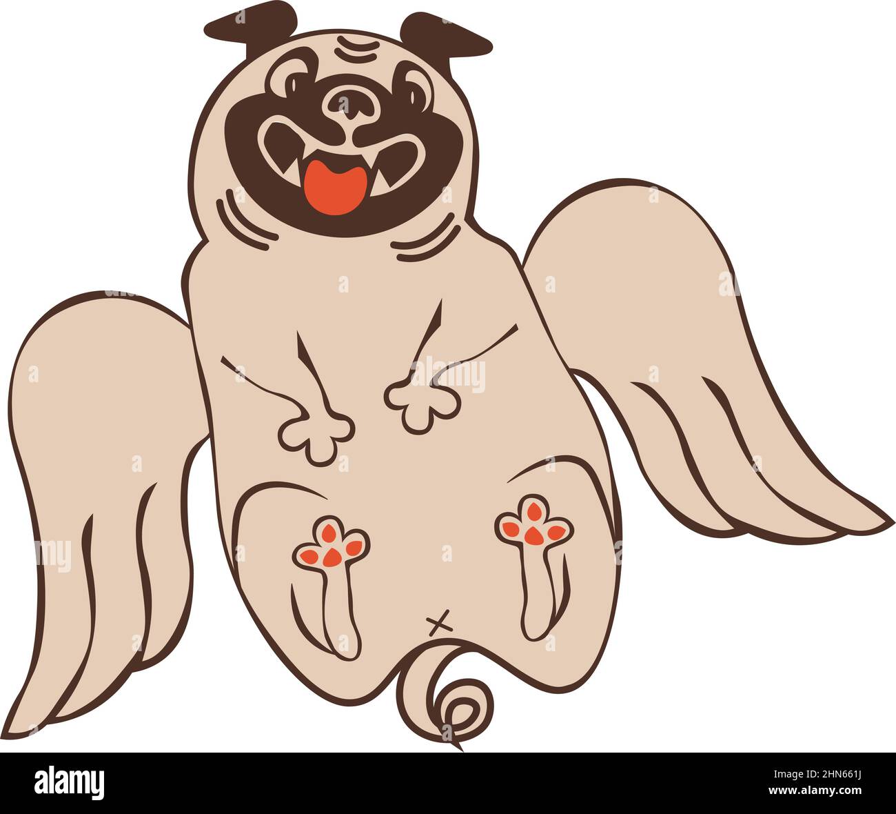 Divertente personaggio animale il pug felice con ali d'angelo per il biglietto di auguri di San Valentino Illustrazione Vettoriale