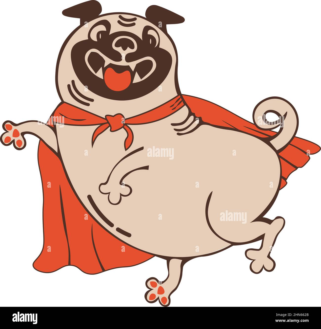 Divertente personaggio animale sorridente pug in stile fumetto supereroe mantello rosso Illustrazione Vettoriale