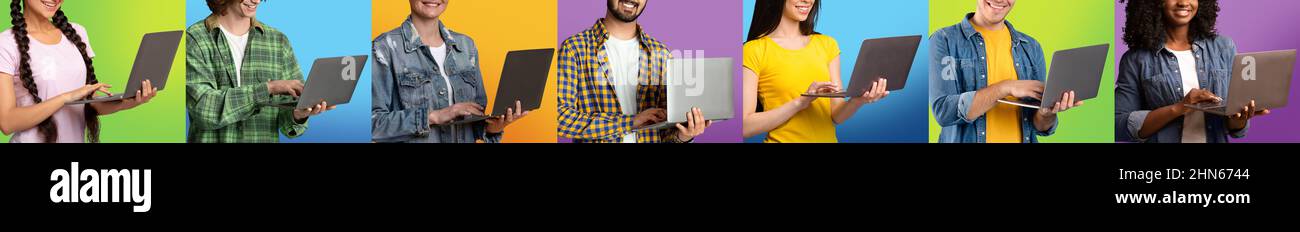 Raccolta di gruppi internazionali di nomadi digitali che utilizzano computer portatili Foto Stock