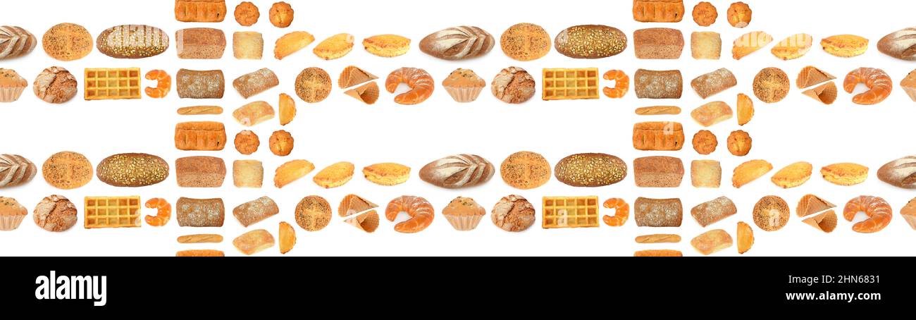 Prodotti di pane dolce senza cuciture in forma di cornice isolata su sfondo bianco. Foto Stock