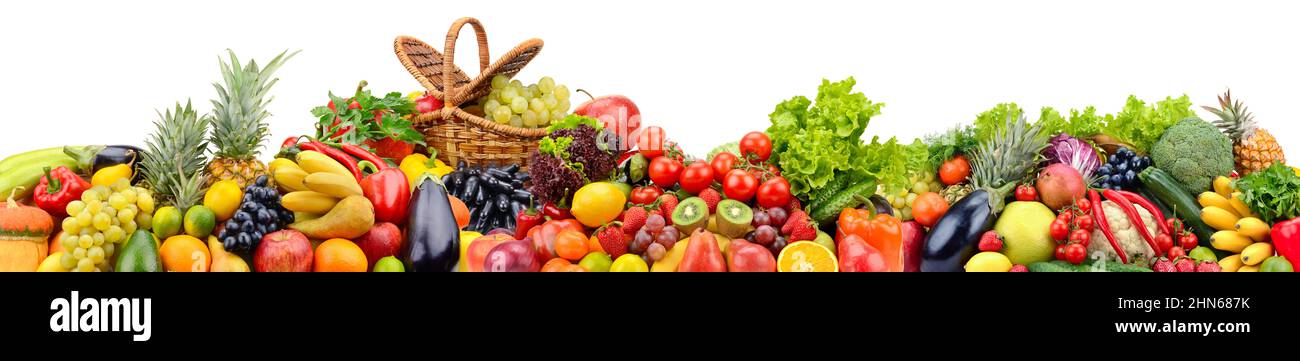 Grande collezione di verdure e frutta luminose isolate su sfondo bianco. Foto Stock
