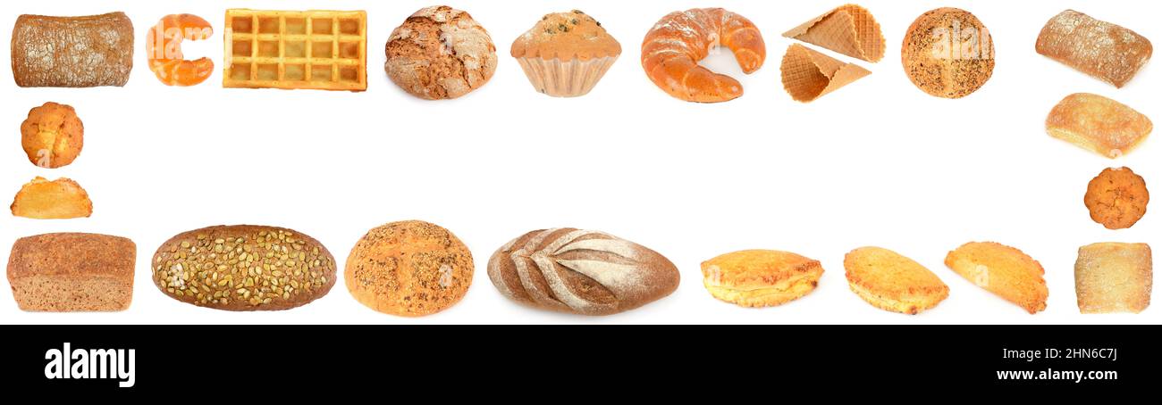 Impostare i prodotti dolci del pane in forma di cornice isolata su sfondo bianco. Foto Stock