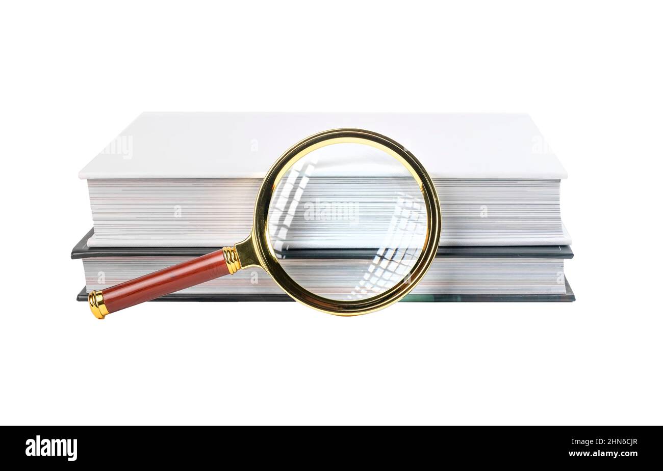 I libri si impilano con la lente di ingrandimento isolata su sfondo bianco. Concetto di ricerca e analisi del testo. Foto di alta qualità Foto Stock