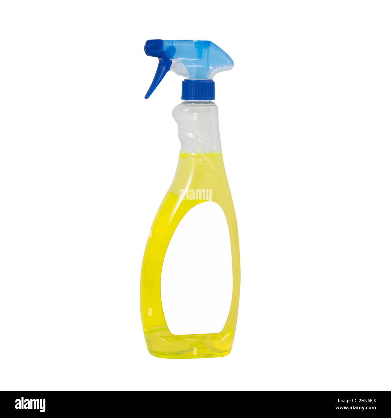 Flacone di plastica spray sanitario su sfondo bianco con etichetta bianca Foto Stock