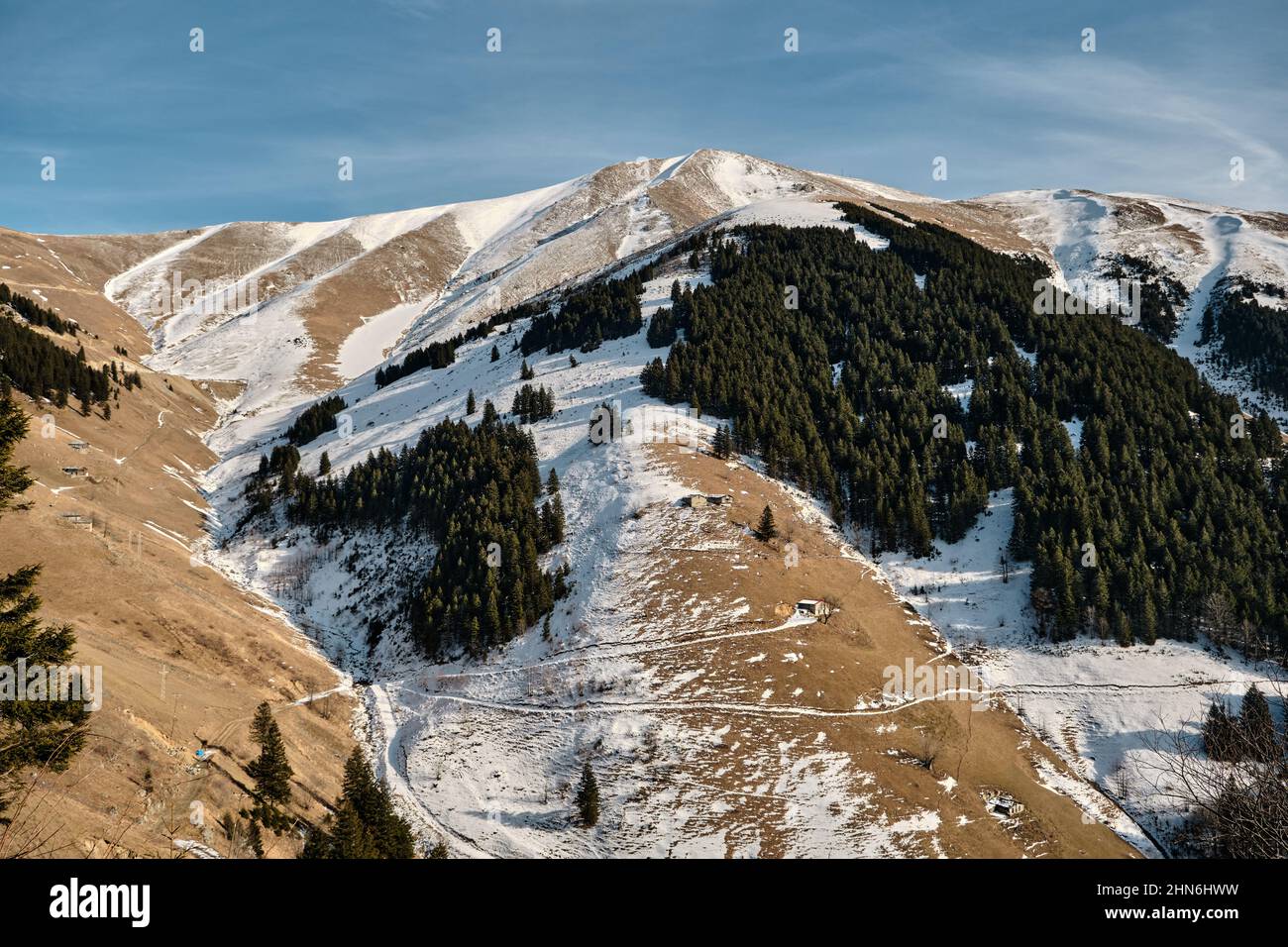 Cima di una montagna enorme neve coperta e le strade di pini sono diventati nevosi Foto Stock