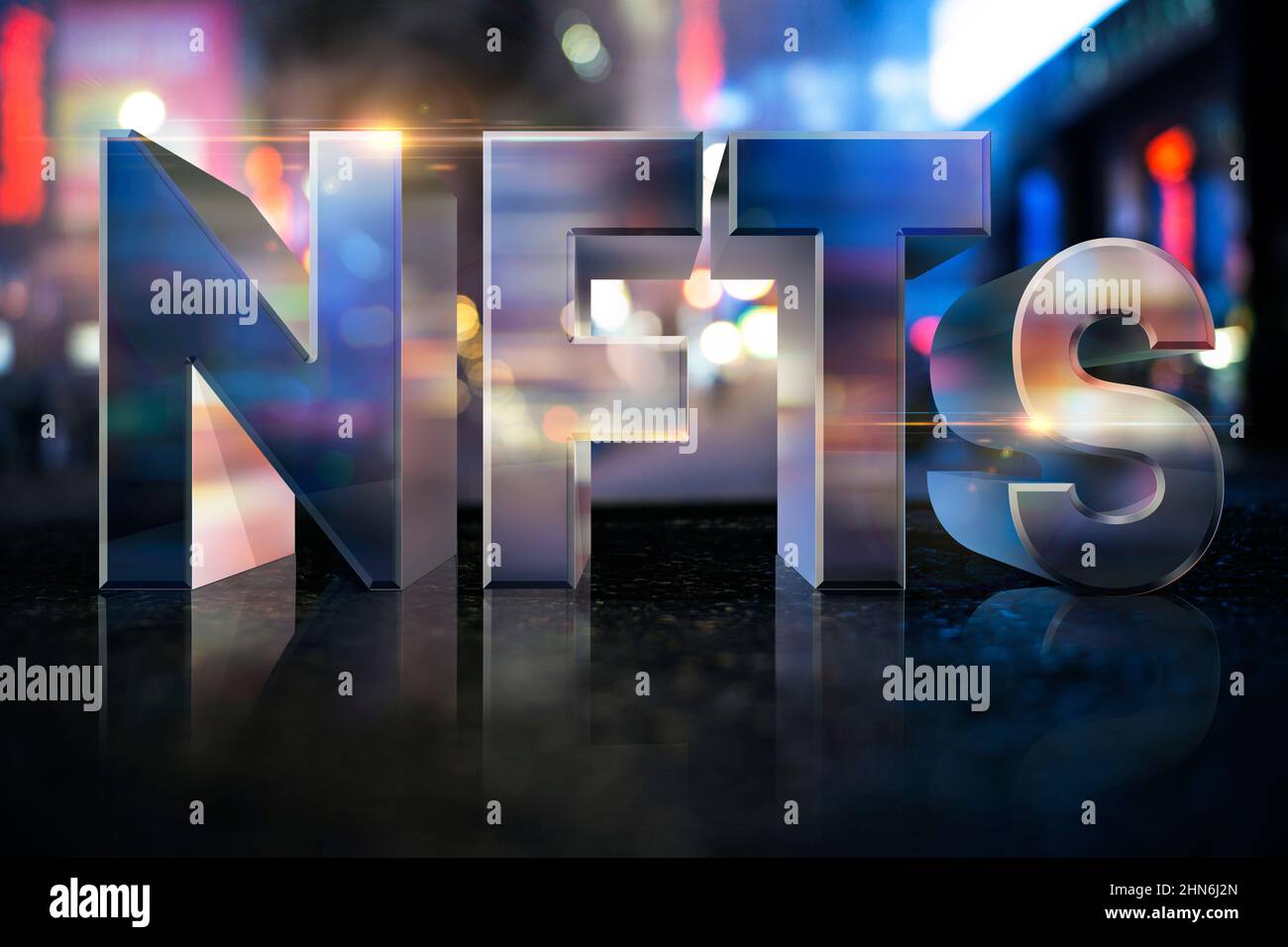 Glossy 3D testo di NFTS in Slick Urban Setting non-Fungial Tokens Conceptual Foto Stock