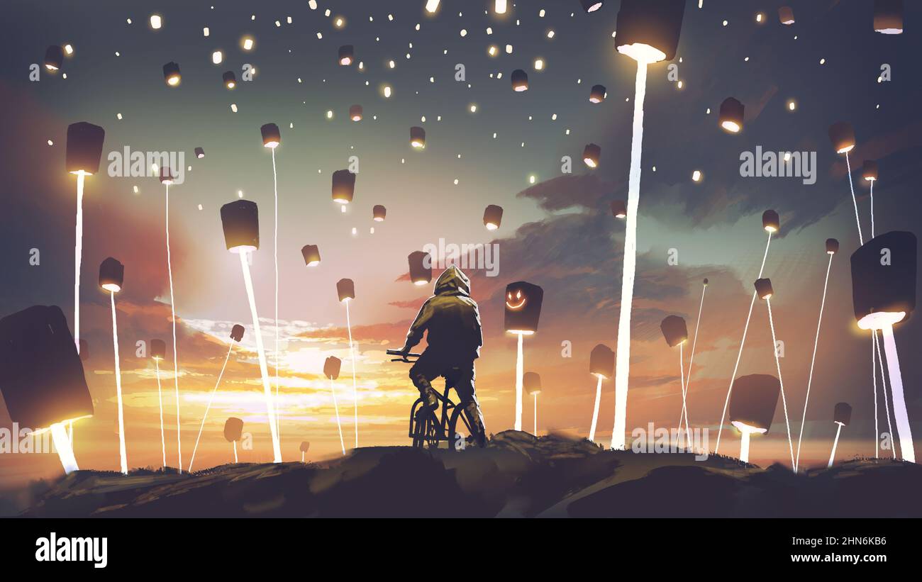 Uomo in bicicletta in una terra piena di lanterne, arte digitale stile, pittura di illustrazione Foto Stock