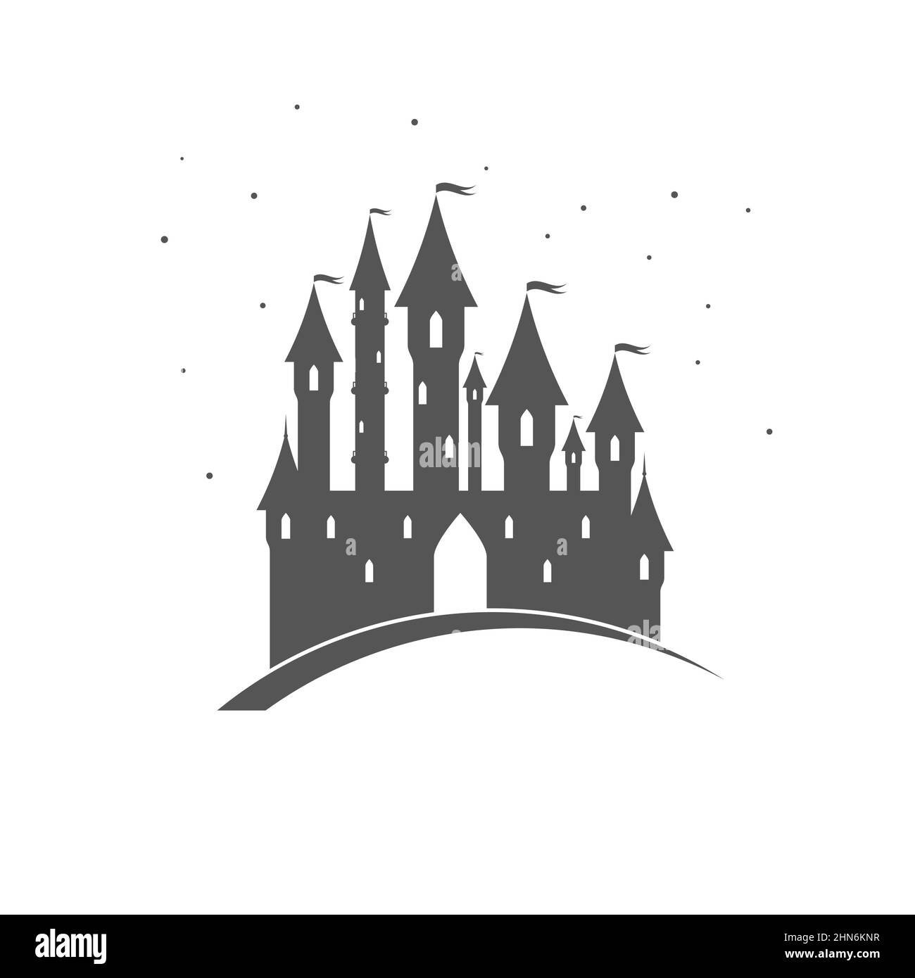 Magico palazzo multi-torreggiato della principessa circondato dal cielo stellato. Castello fiabesco. Illustrazione vettoriale piatta isolata su sfondo bianco. Illustrazione Vettoriale