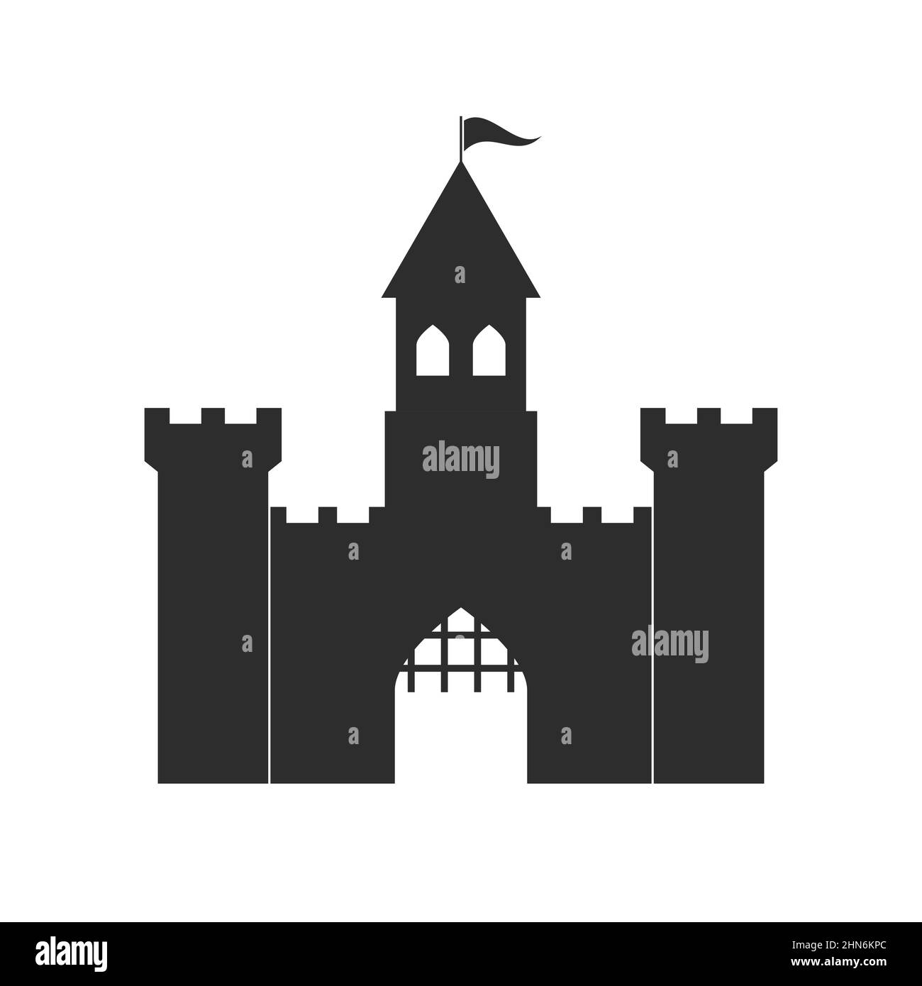 Castello medievale con torri di guardia e cancello di sollevamento. Fortezza feudale, feudalesimo. Castello fiabesco. Illustrazione vettoriale piatta isolata su sfondo bianco Illustrazione Vettoriale