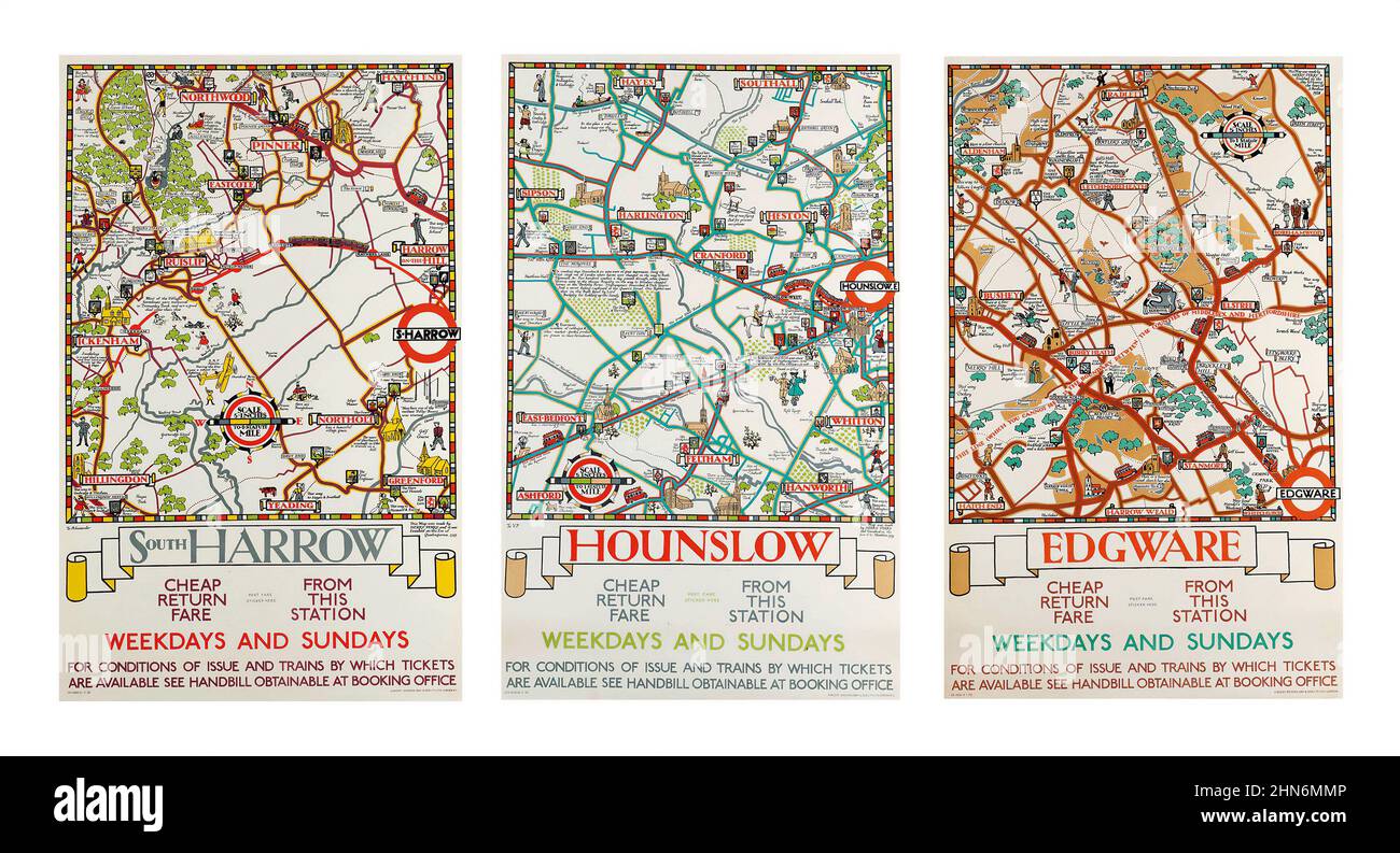 Tre mappe della metropolitana di Londra. Herry Perry (Heather Perry, 1893-1962) 'HARROW SUD', 'HOUNSLOW' & 'EDGWARE' Foto Stock