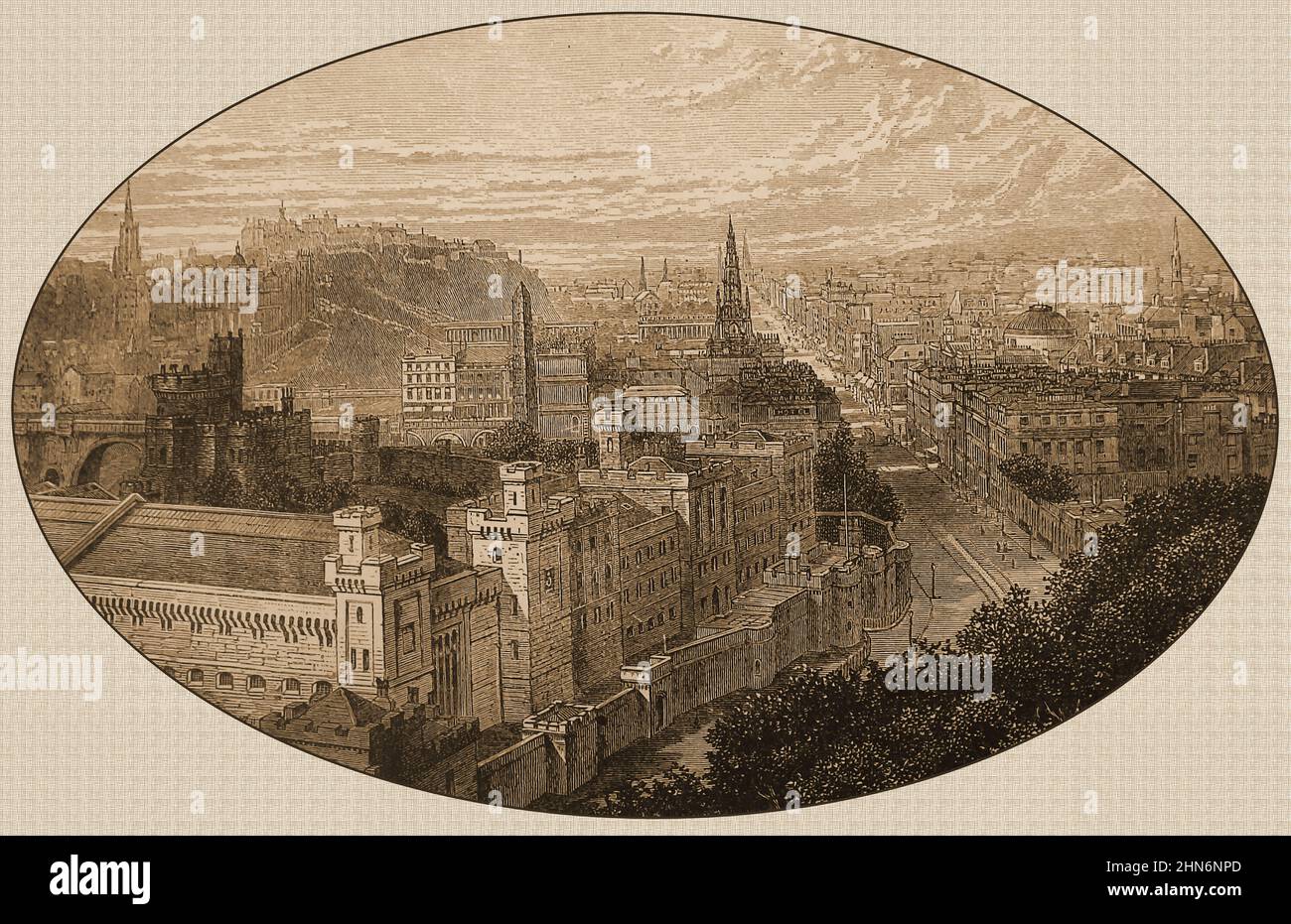 Una vista del 19th secolo di Ediburgh dal Carlton Hiil, che mostra la prigione, il castello e il monumento Scott. Foto Stock
