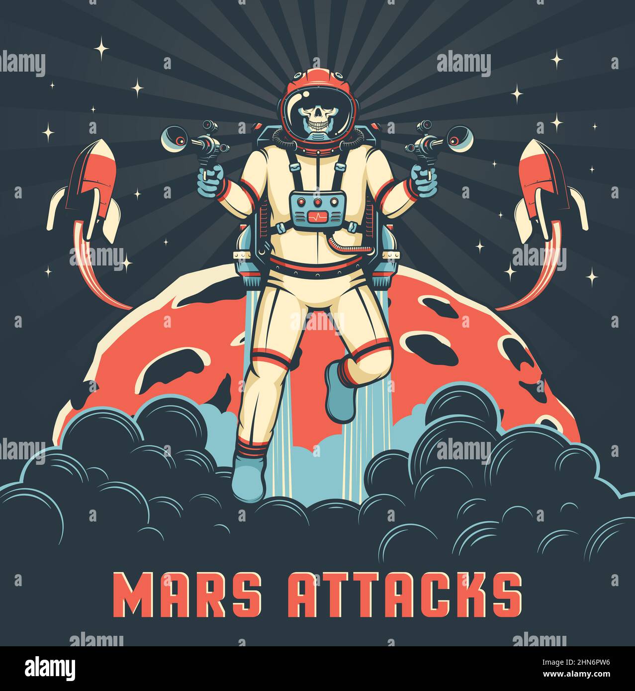 Scheletro in spacesuit con blasters Illustrazione Vettoriale