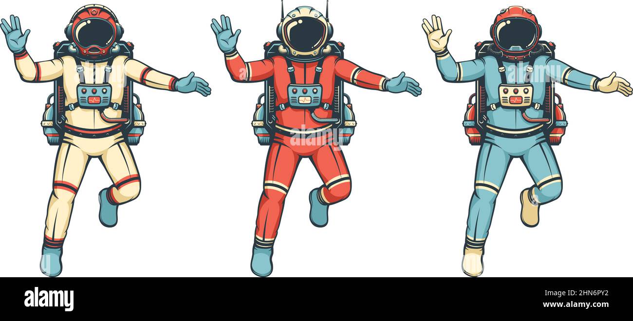 L'astronauta vola con il saluto Vulcan Illustrazione Vettoriale