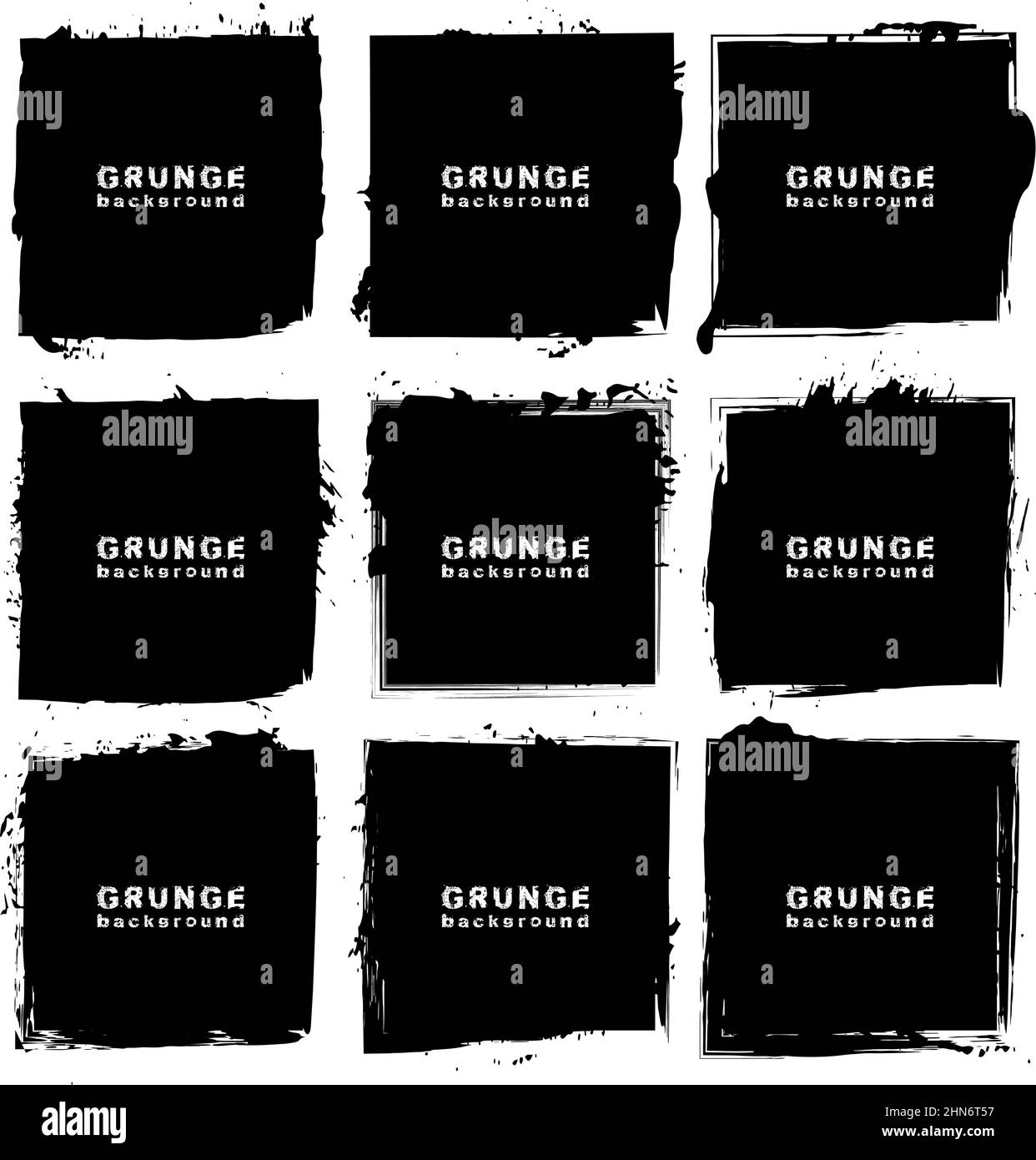 Set di sfondo urbano nero grunge. Illustrazione vettoriale. Isolato. Texture di distress. Pennellate di inchiostro. Elemento di design artistico sporco per la cornice di testo Illustrazione Vettoriale