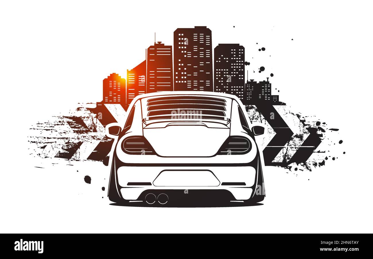 Auto da corsa. Grungo il design delle corse urbane con lo skyline della città stilizzato. Auto sintonizzate che incontrano illustrazione vettoriale. Illustrazione Vettoriale