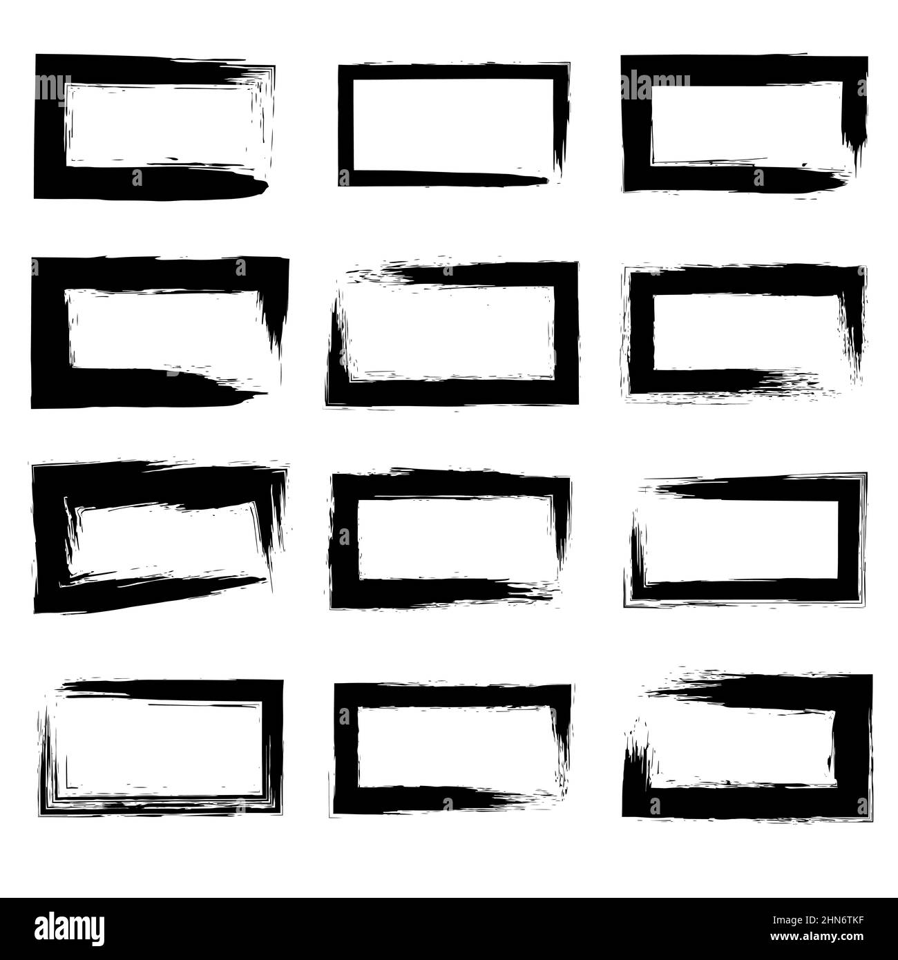 Set di elementi neri per cornice grunge. Illustrazione vettoriale. Isolato. Texture di distress. Pennellate di inchiostro. Elemento di design artistico sporco per le cornici di testo Illustrazione Vettoriale