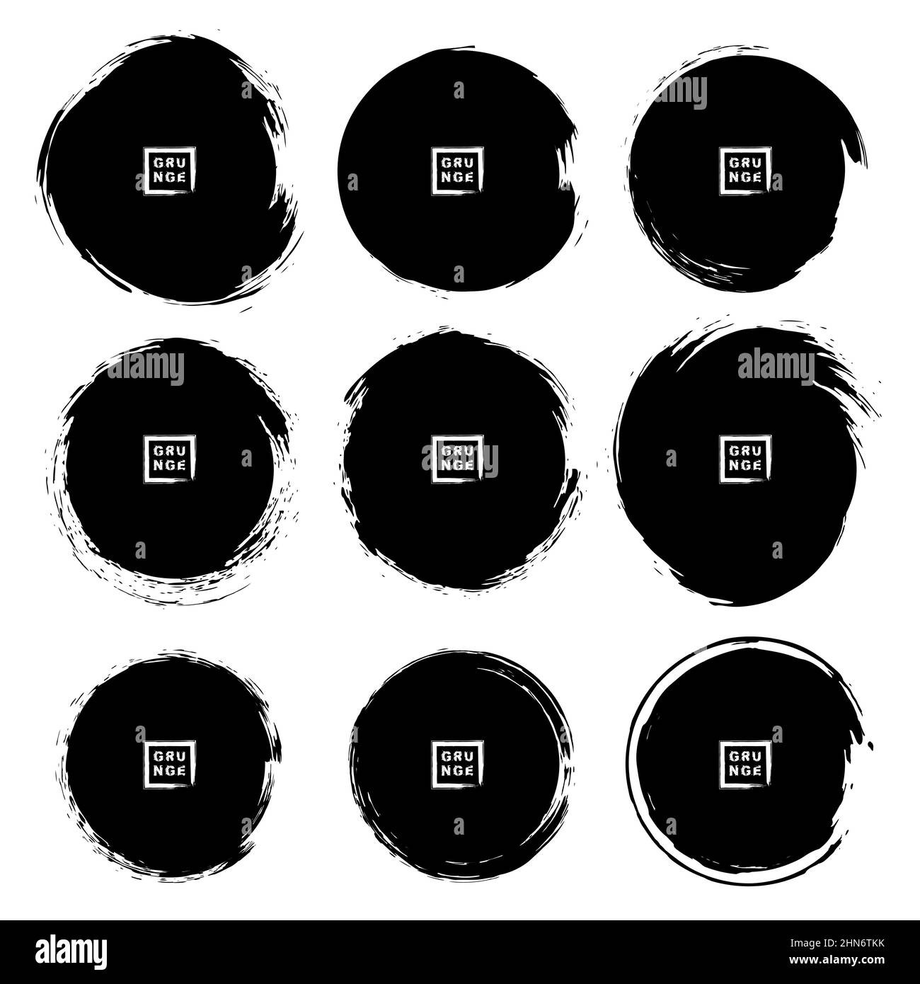 Set di cerchi a grunge isolati neri. Texture di distress. Elementi di design in stile Doodle per cornici, badge, etichette, emblemi. Grunge i tratti rotondi del pennello Illustrazione Vettoriale