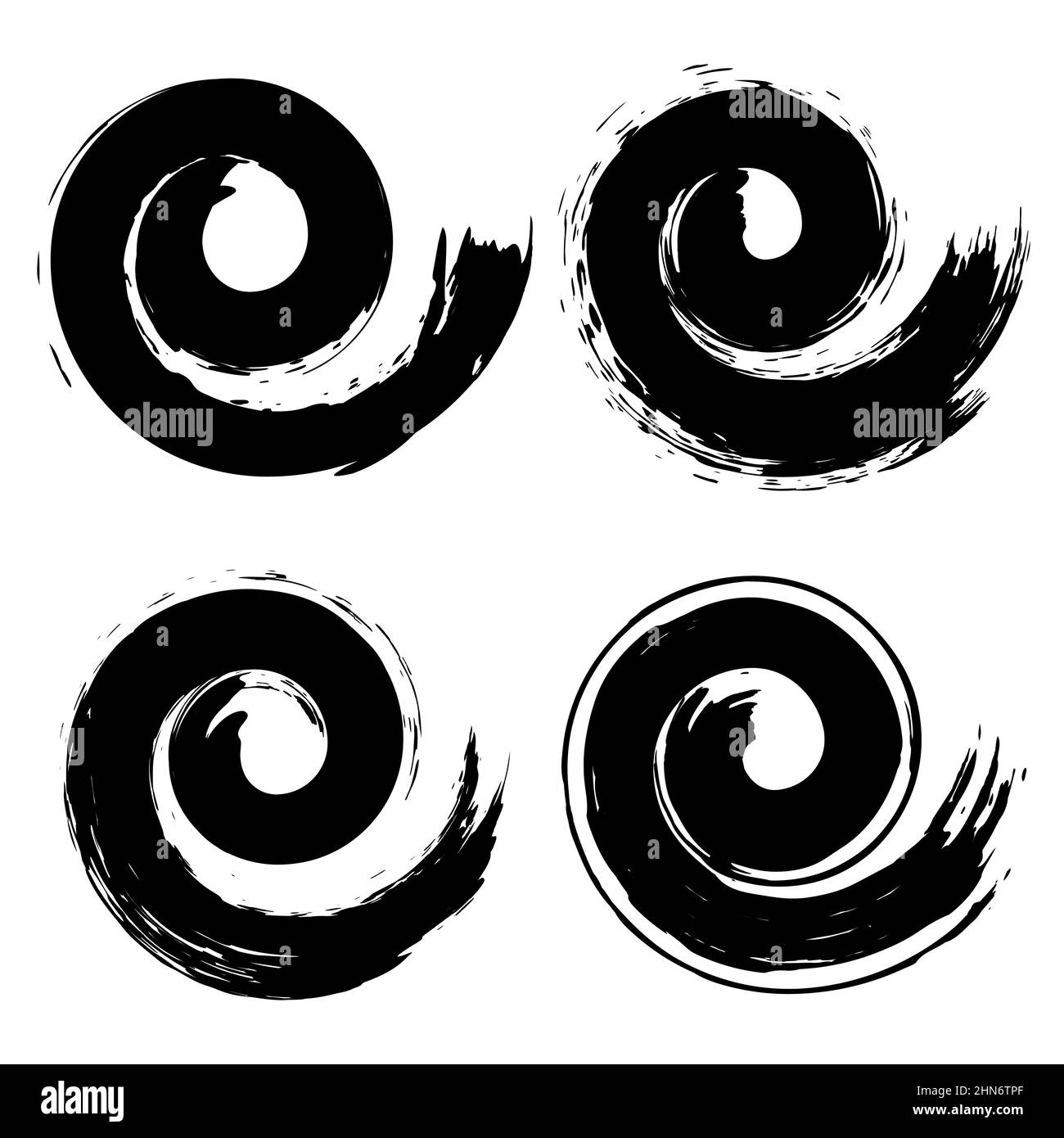 Set di pennelli a spirale con grunge nera. Illustrazione vettoriale. Isolato. Texture di distress. Pennellate di inchiostro. Elemento di design artistico sporco Illustrazione Vettoriale
