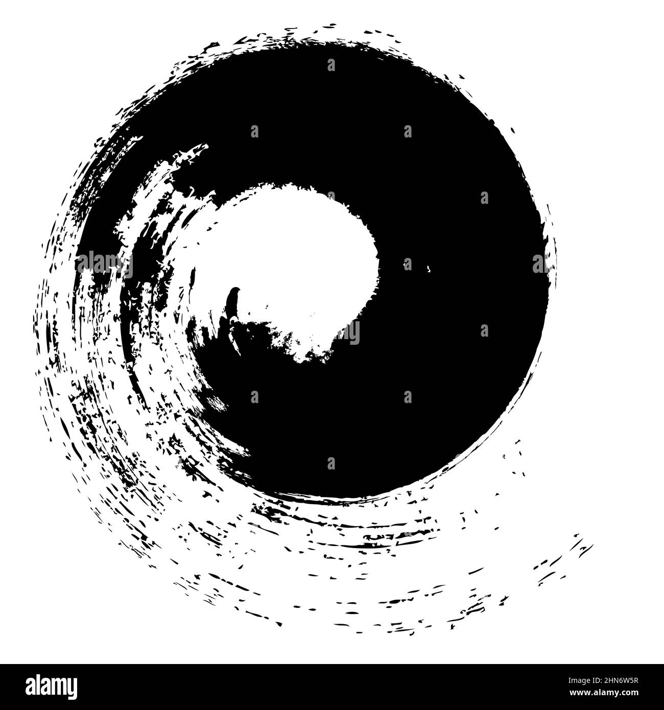 Pennello a spirale a grunge nero. Illustrazione vettoriale. Isolato. Texture di distress. Pennellate di inchiostro. Elemento di design artistico sporco per cornici Illustrazione Vettoriale