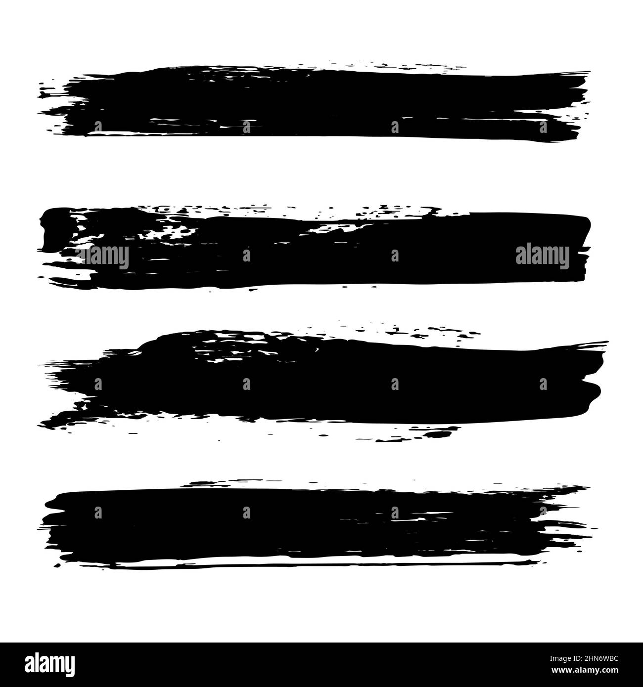 Set di strisce di vernice grunge nera. Tratto di pennello secco vettoriale. Striscione testurizzato. Collezione di pennelli neri. Elemento di design artistico sporco Illustrazione Vettoriale