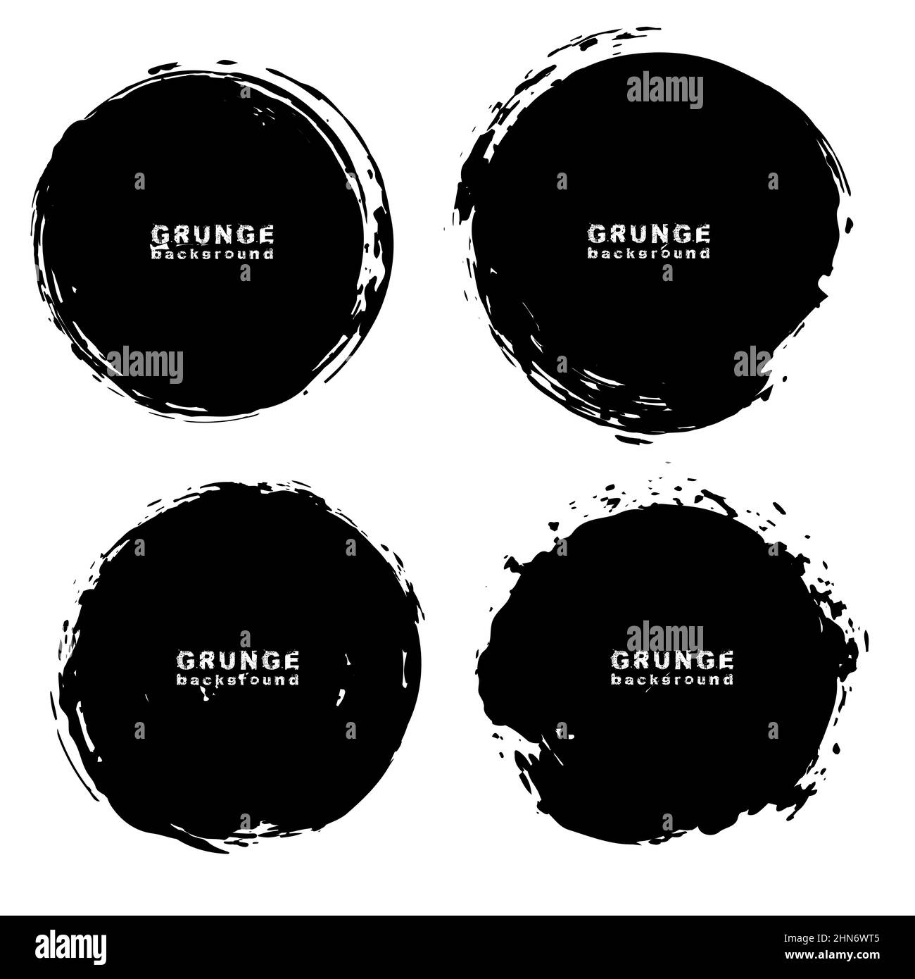 Set di forme rotonde a grunge nere. Illustrazione vettoriale. Isolato. Texture di distress. Pennellate di inchiostro. Elemento di design artistico sporco per le cornici di testo Illustrazione Vettoriale