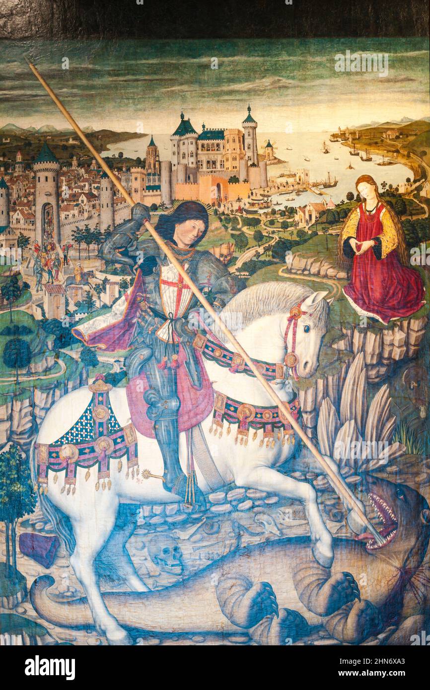 retablo de San Jorge, tabla Central, San jorge matando al dragón con la ciudad de mallorca al fondo, años 1468-1470, Pere Nyard, óleo sobre madera, Pa Foto Stock