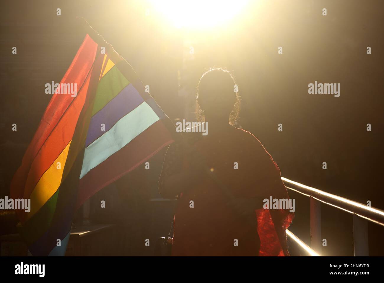 Uno studente della Jadavpur University della comunità LGBTIQ solleva una bandiera arcobaleno, mentre si unirà a un raduno per chiedere i diritti LGBTIQ e fermare la violenza contro di loro, in occasione della celebrazione del giorno di San Valentino. Il 14 febbraio 2022 a Kolkata, India. (Foto di Sukhomoy  Sen/ Eyepix Group) Foto Stock