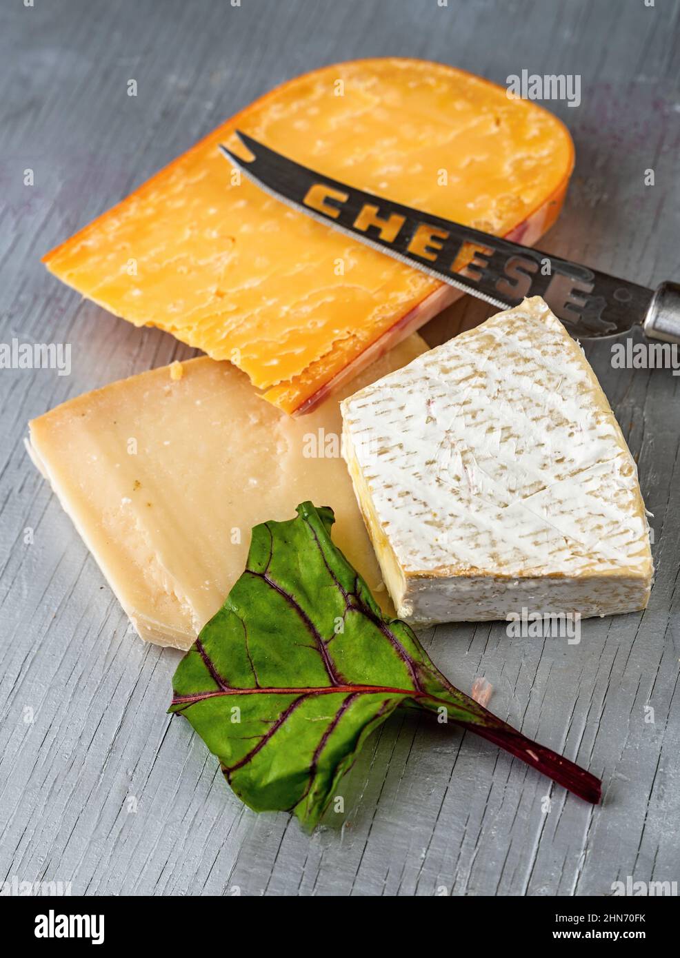 3 tipi di formaggio, foglia verde e coltello con iscrizione 'formaggio' su tavola, primo piano. Foto Stock