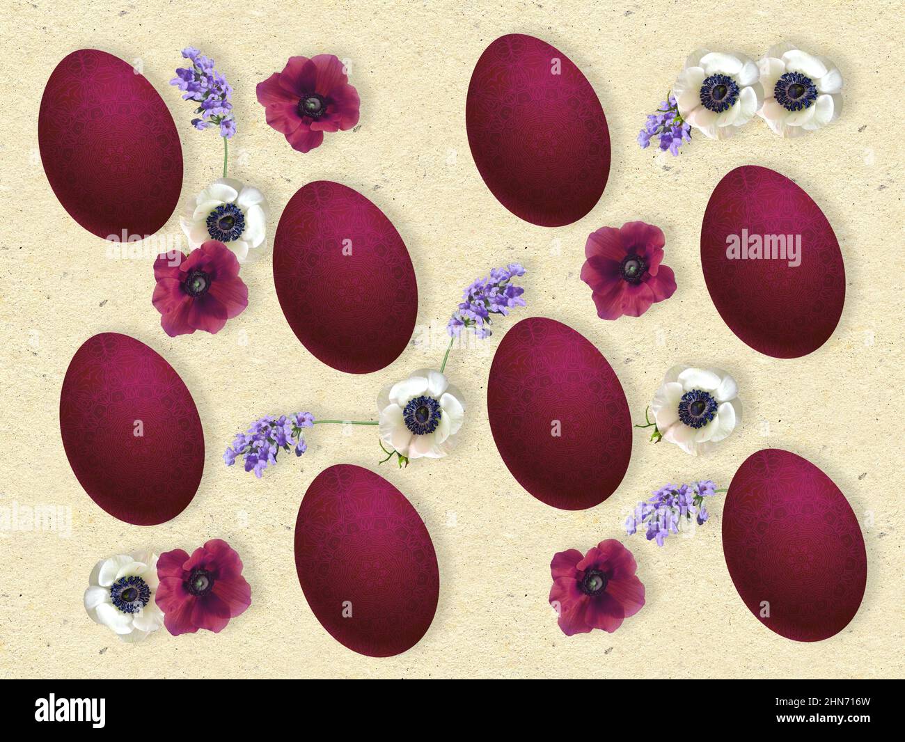 Composizione pasquale con uova dipinte a mano, anemoni bianchi e porpora e fiori di lavanda. Foto Stock