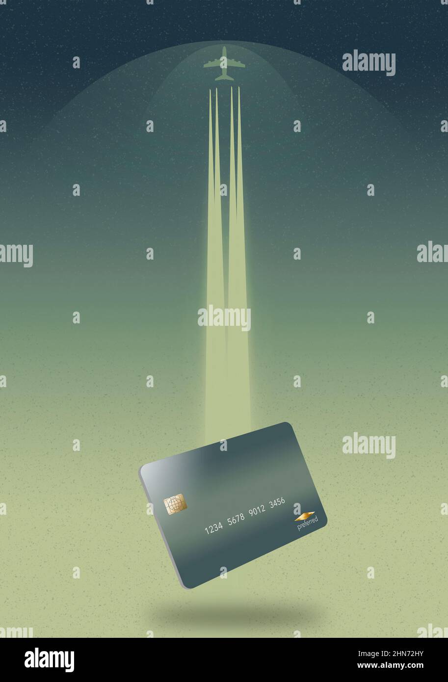 Un aereo di linea del getto flys sopra una carta di credito generica in un'illustrazione di 3-d circa le carte di credito di ricompense dell'aria. Foto Stock