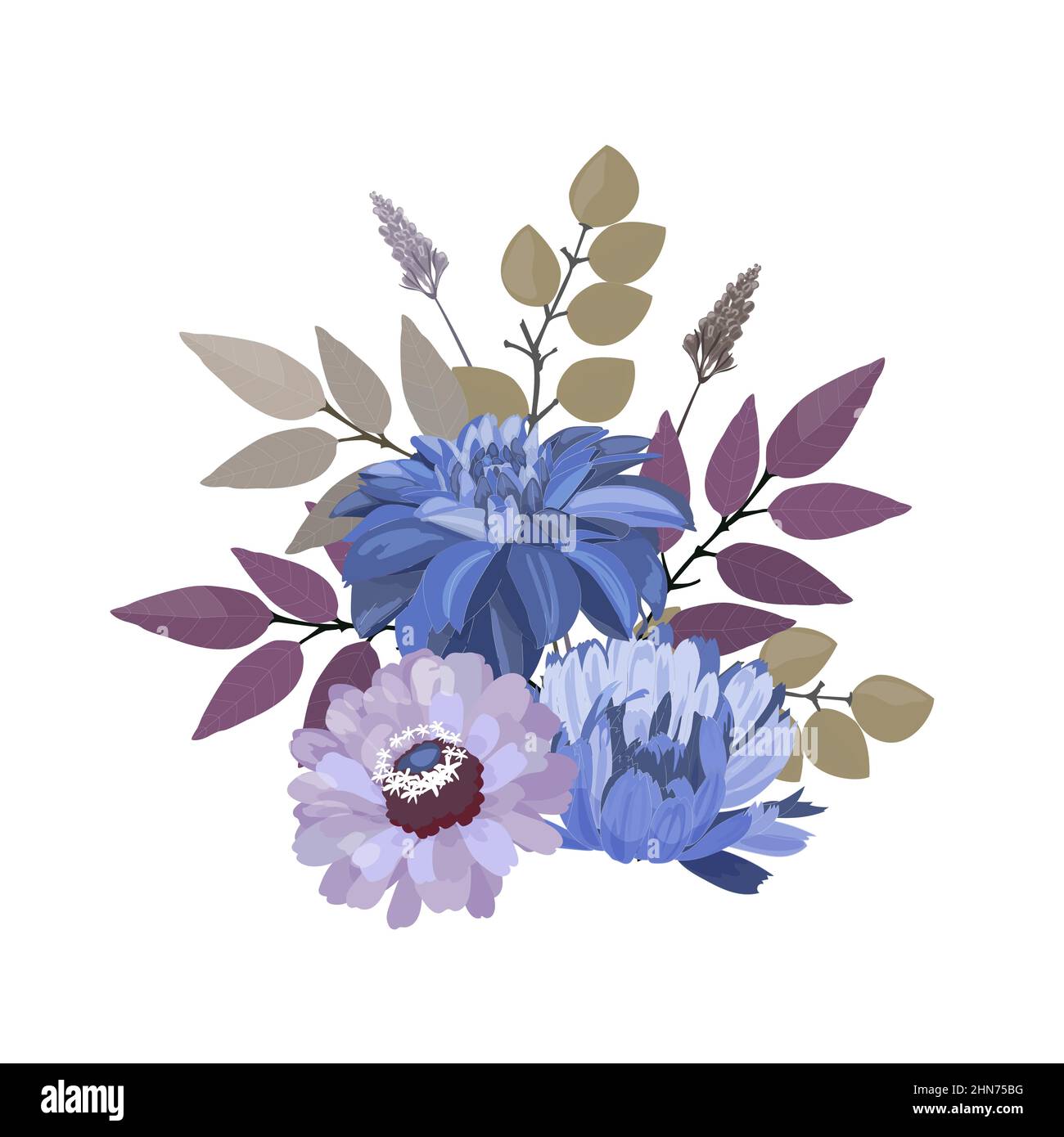 Illustrazione floreale vettoriale. Bouquet di fiori blu e viola su sfondo  bianco Immagine e Vettoriale - Alamy