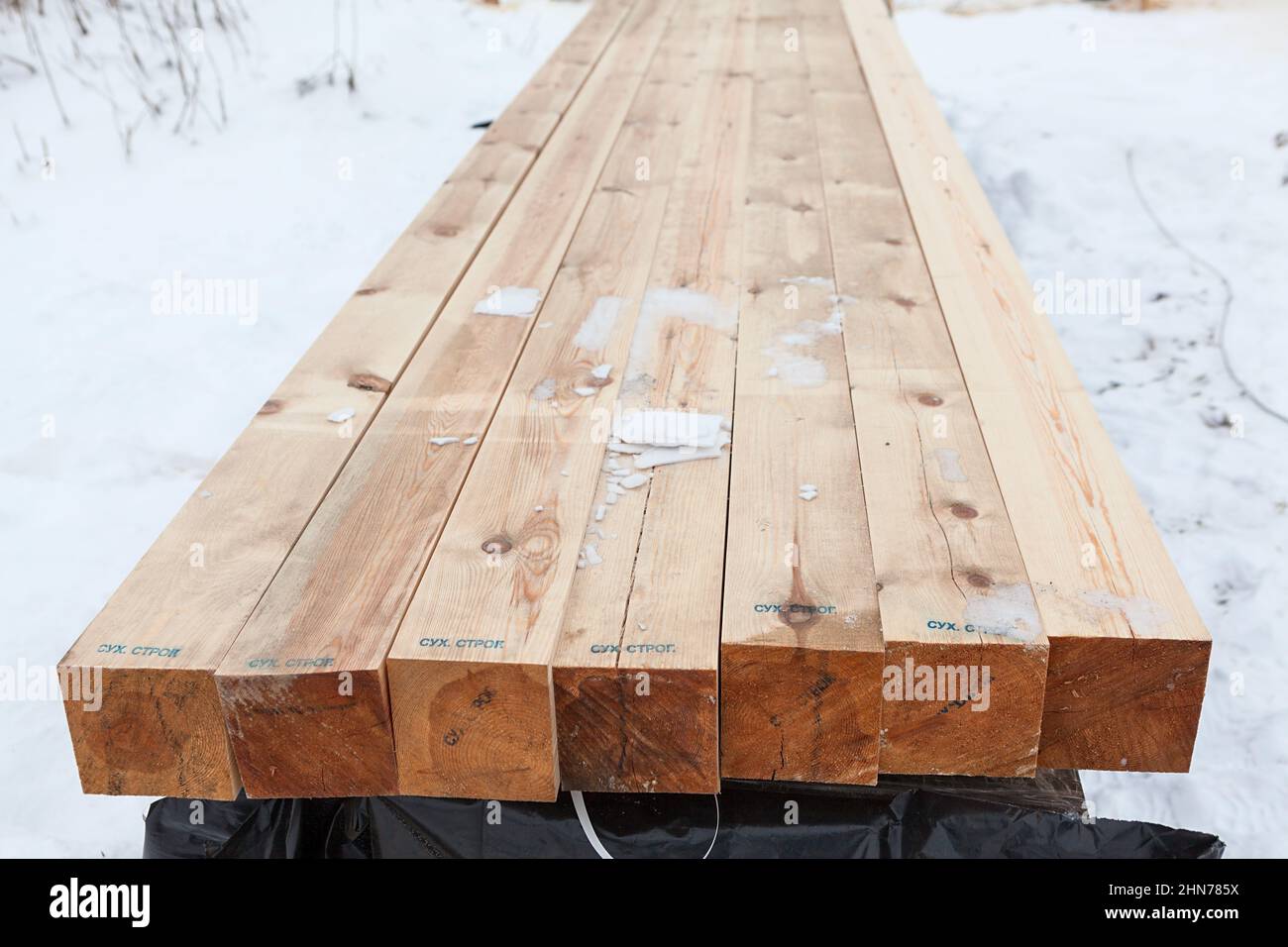 Legname di legno per costruzioni di case in legno. Iscrizioni planate a secco come timbro Foto Stock