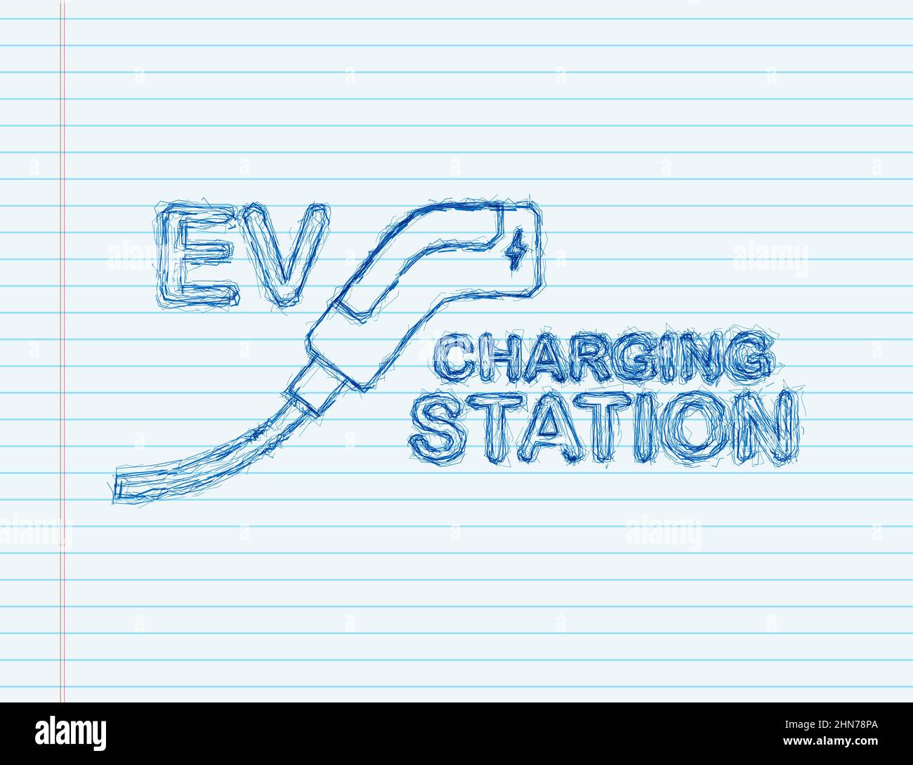 Auto elettriche in carica sul parcheggio vuoto, stazione di ricarica rapida e molti banchi di ricarica gratuiti. Veicolo sulla rete elettrica. Icona dello schizzo. Illustrazione Vettoriale