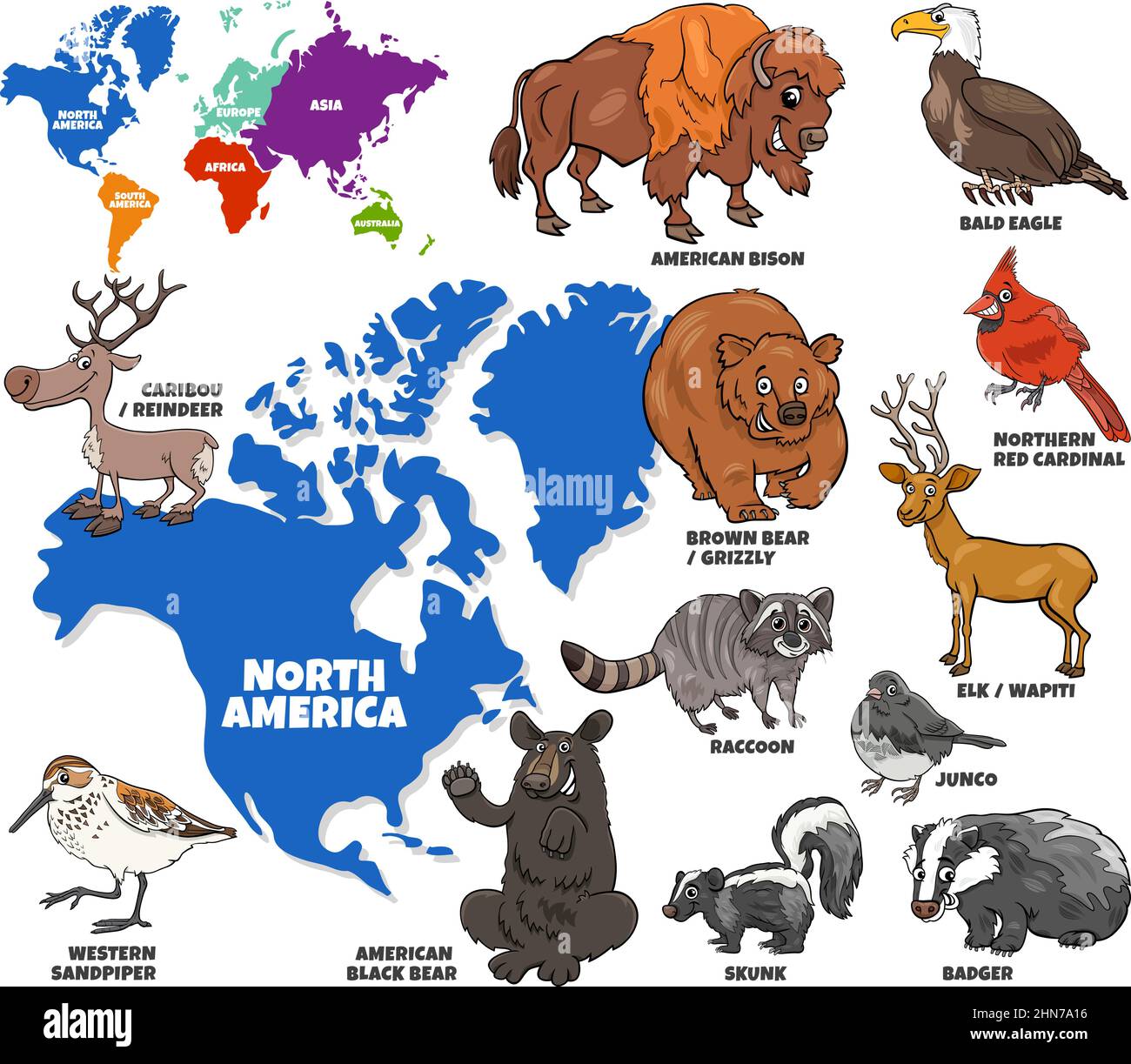 Illustrazione di cartoni animati didattici del set di personaggi animali del Nord America e della mappa del mondo Illustrazione Vettoriale