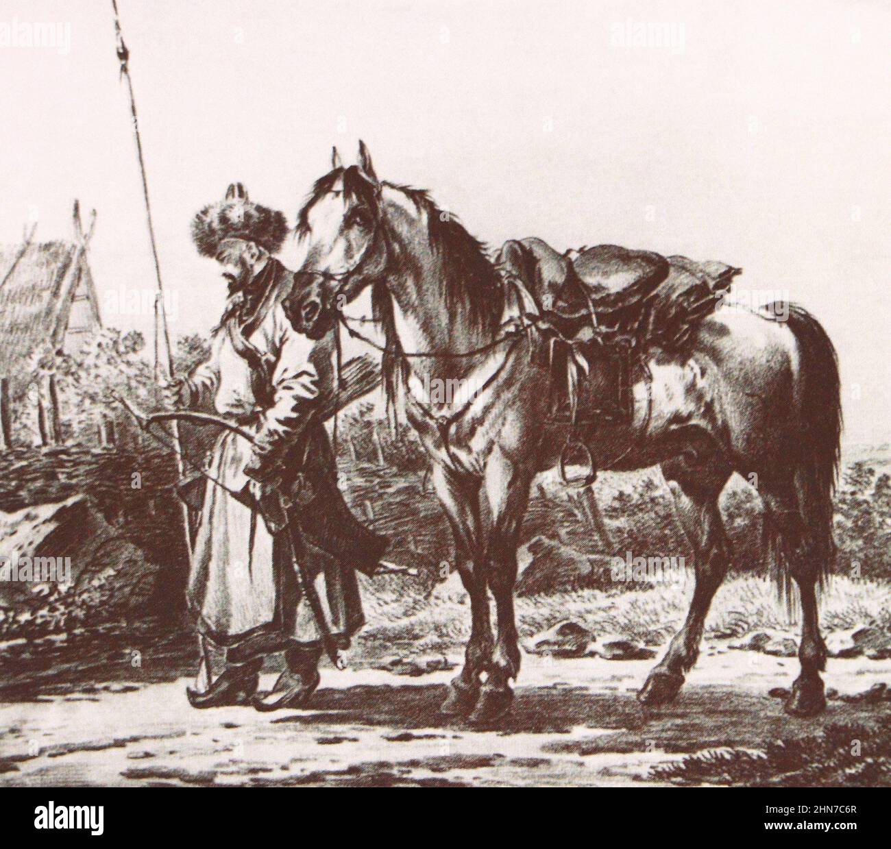 Cavaliere Bashkir. Incisione del 1814. Foto Stock