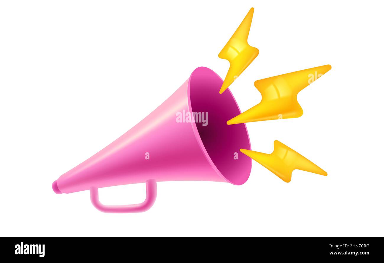 Megaphone Vector vintage rosa con fulmine in stile realistico 3D. Illustrazione vettoriale dell'altoparlante rosa. Illustrazione Vettoriale