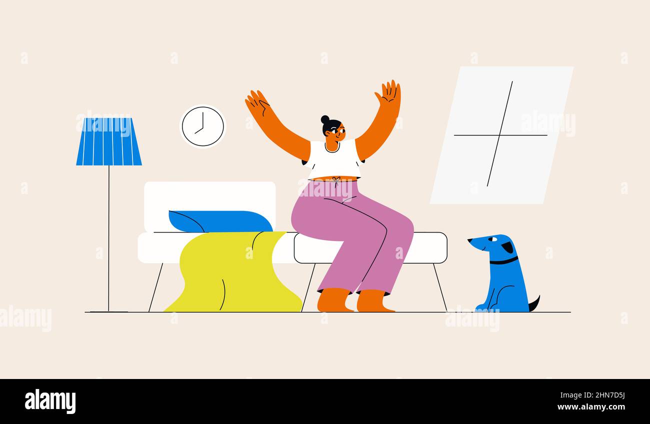 Donna felice svegliarsi al mattino. Persona seduta sul letto e braccia stretching. Illustrazione vettoriale piatta, concetto di benessere Illustrazione Vettoriale